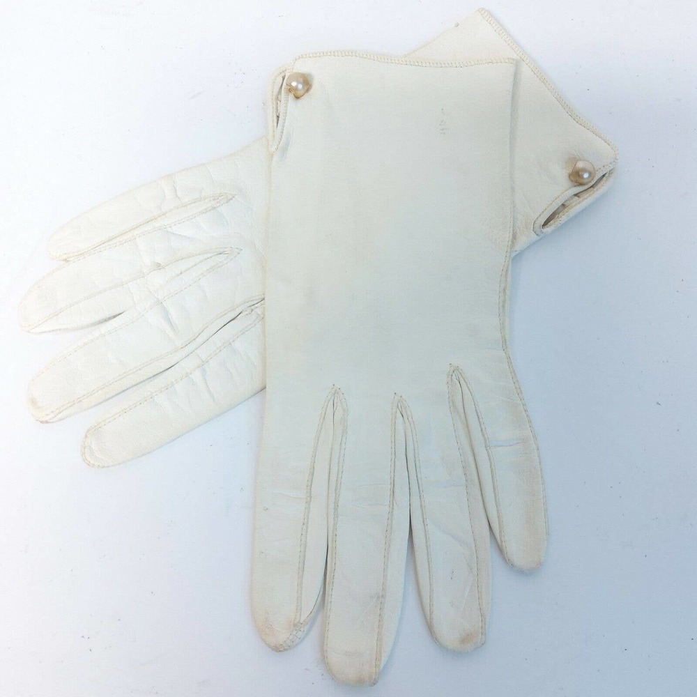 Vintage White Kid Leather Womens Gloves Button wrist R